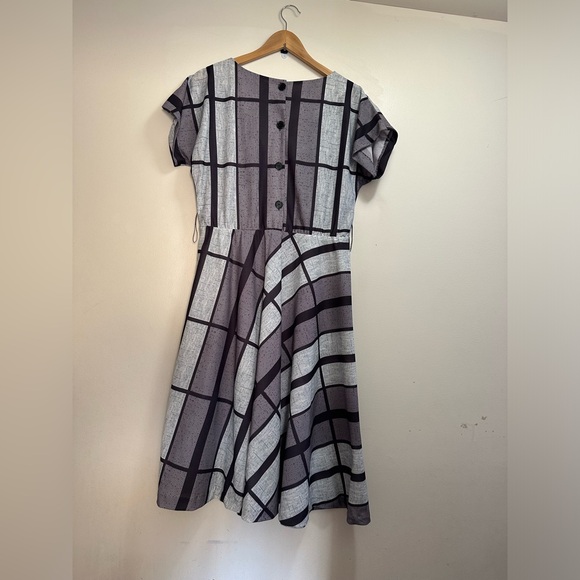 Vintage Studio 36 Women’s Black Gray Plaid patchwork A-Line Midi Dress Size 10 - Picture 2 of 13